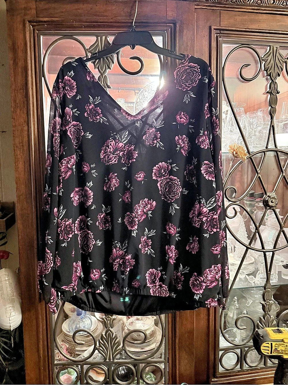 Torrid Black and Pink Floral Criss-Cross Back Blouse Black & Pink Floral